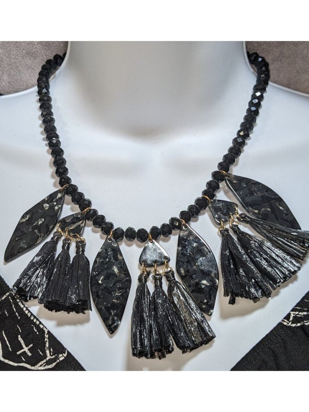 Mixed Media Fringe Statement Pendant Necklace Black Gothic Artsy Abstract Avant